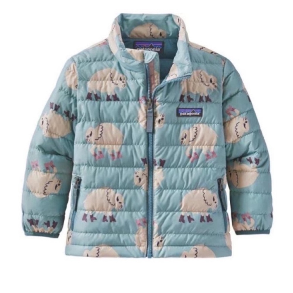 Patagonia Down Sweater Jacket in Gypsum Green Blue White Buffalo 6-12 months